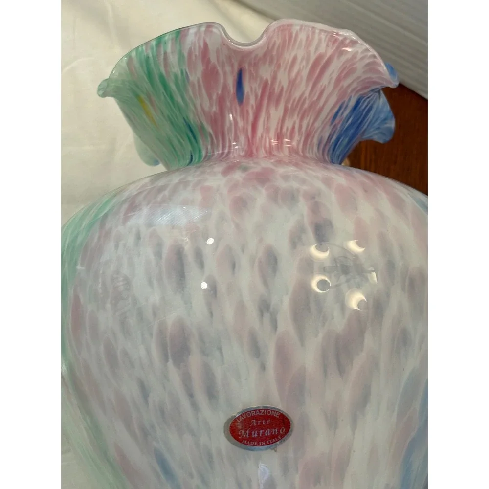 Arte Murano Glass Vase Ruffled Rim Confetti Blue Pink Green  11.75